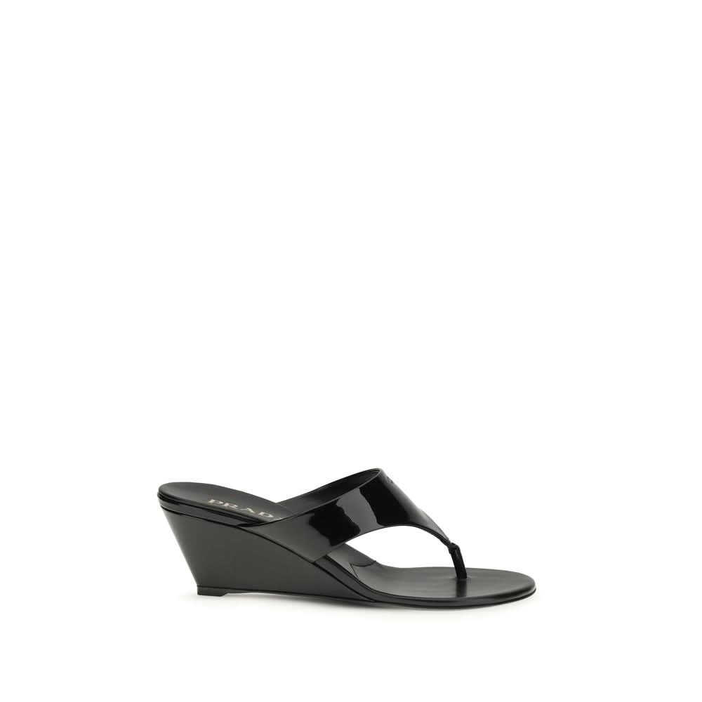Black Calf Leather Bos Taurus Wedge Sandals Prada