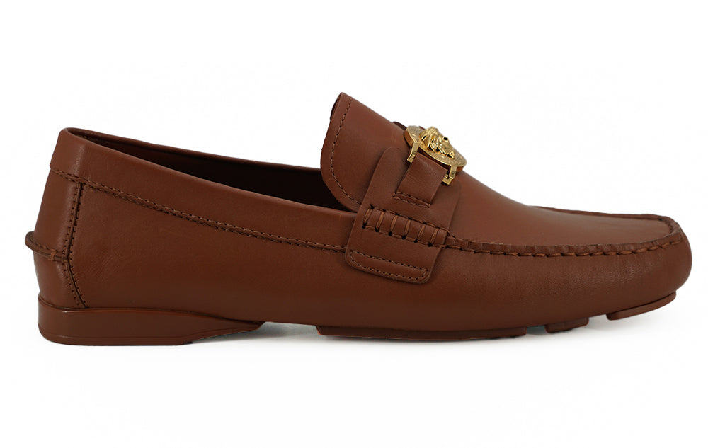 Natural Brown Calf Leather Loafers Shoes Versace