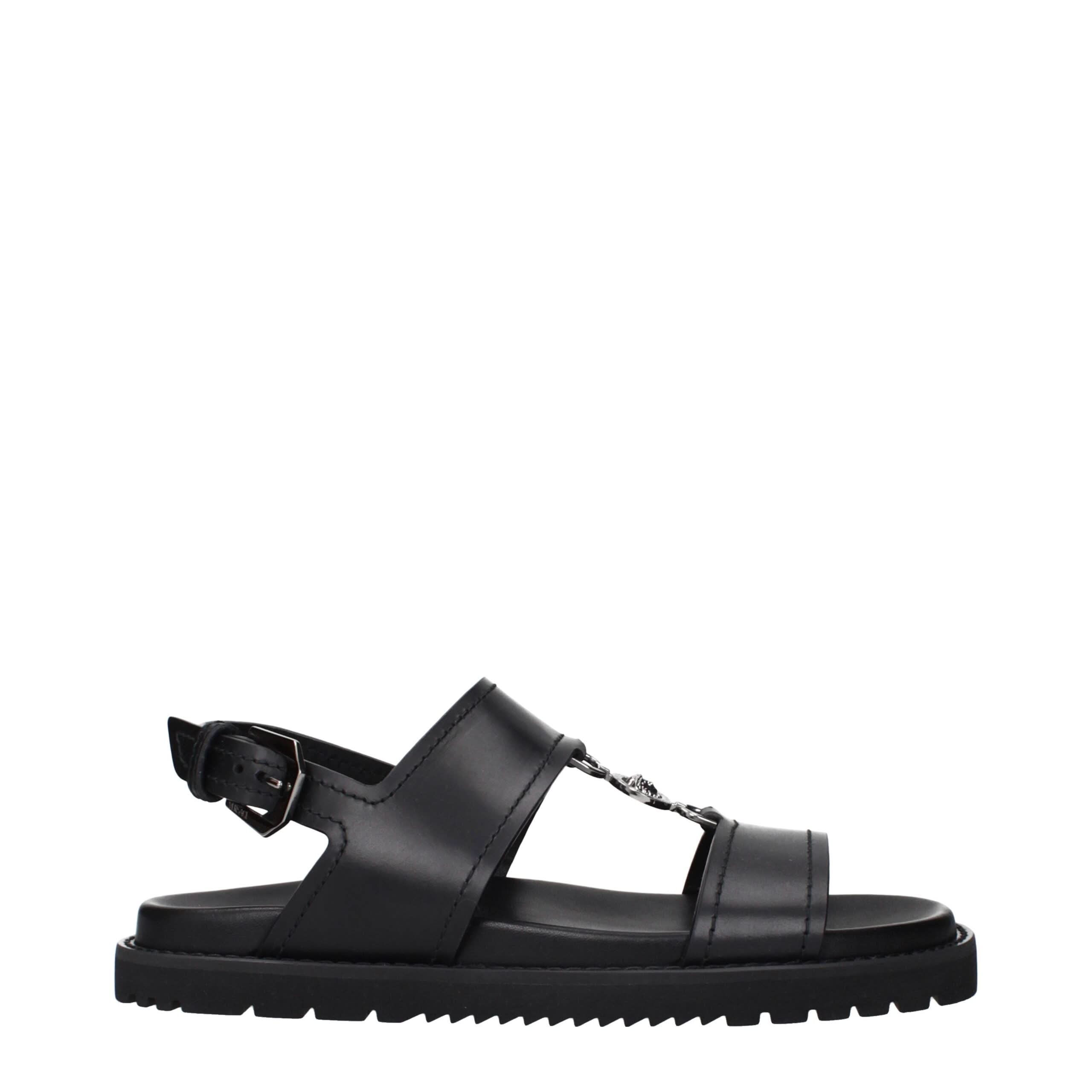 Black Leather Flat Sandals Versace