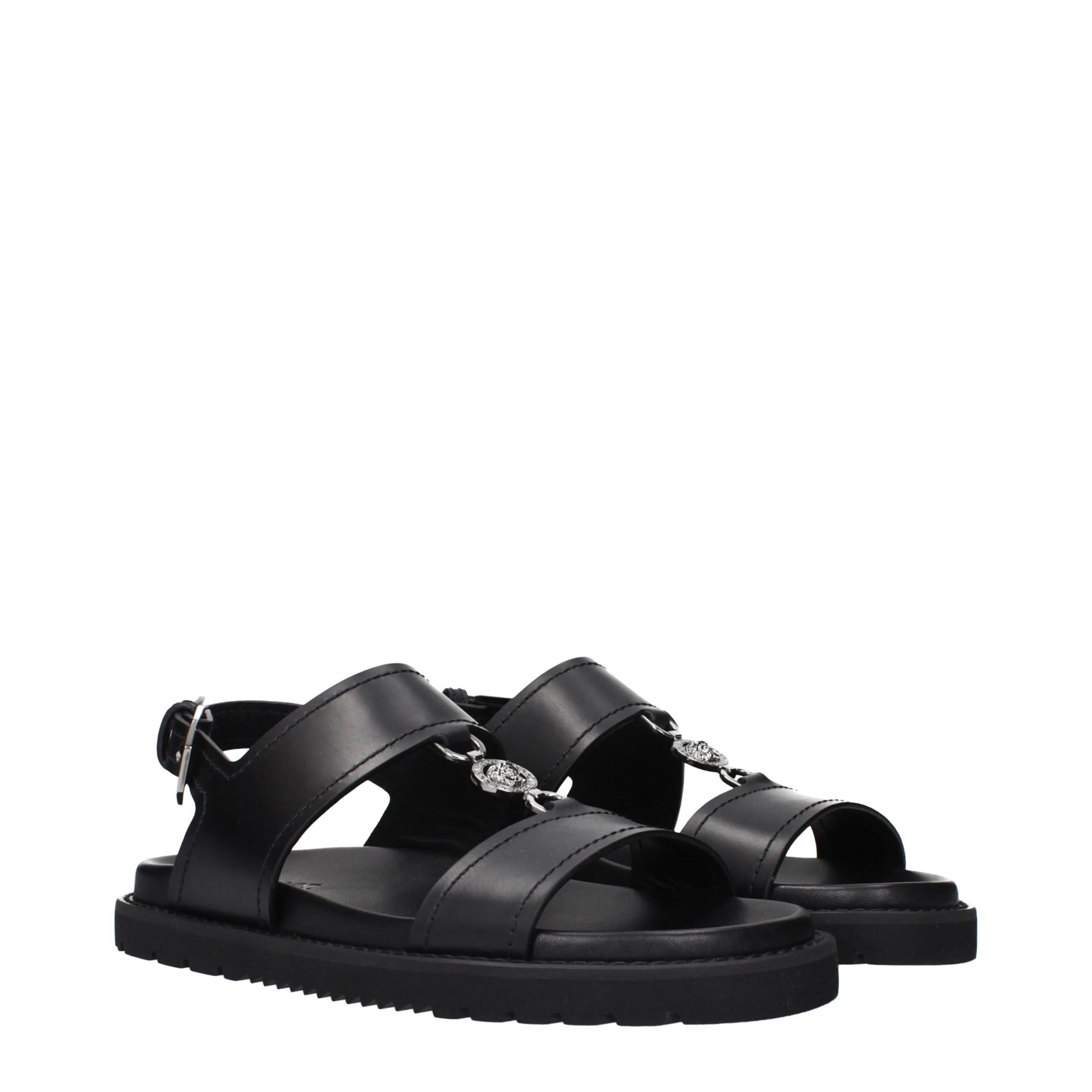 Black Leather Flat Sandals Versace