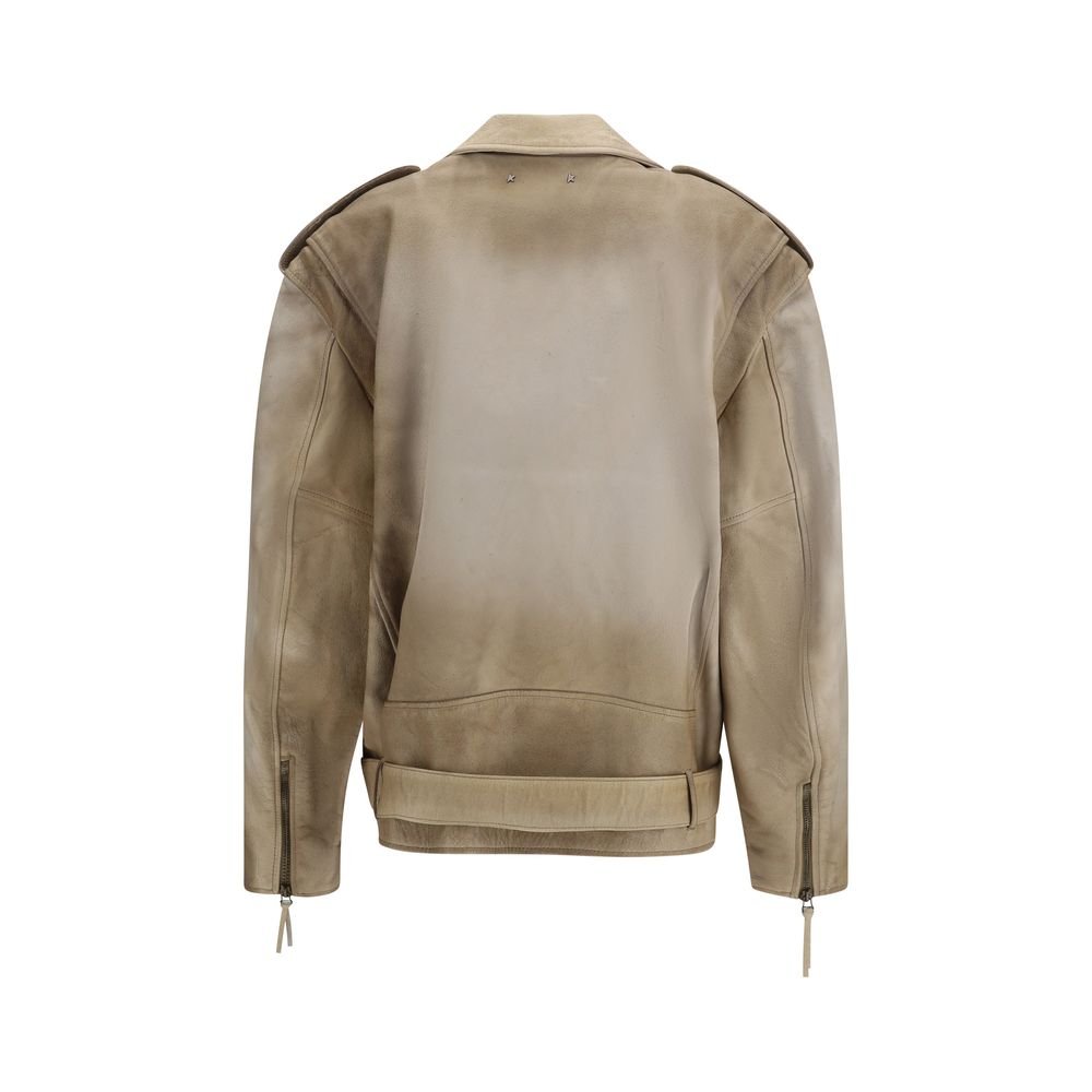 Beige Buffalo Leather Biker Jacket - TIZZIL