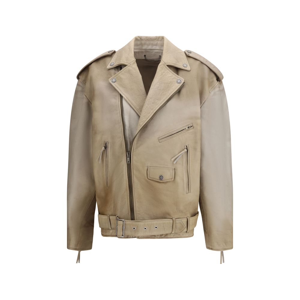 Beige Buffalo Leather Biker Jacket - TIZZIL