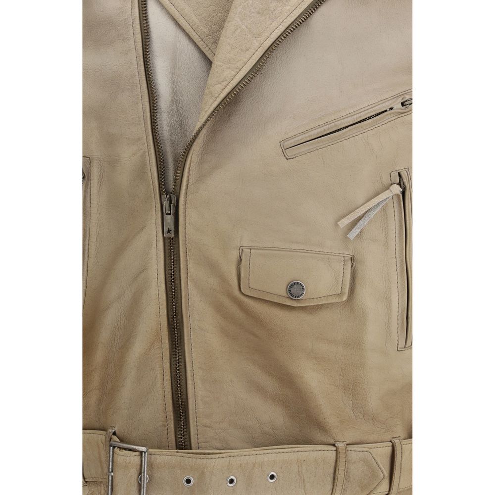 Beige Buffalo Leather Biker Jacket - TIZZIL