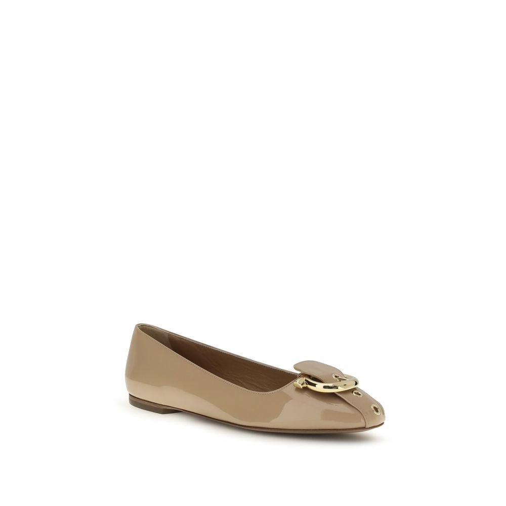 Beige Calf Leather Bos Taurus Ballet Flats - TIZZIL