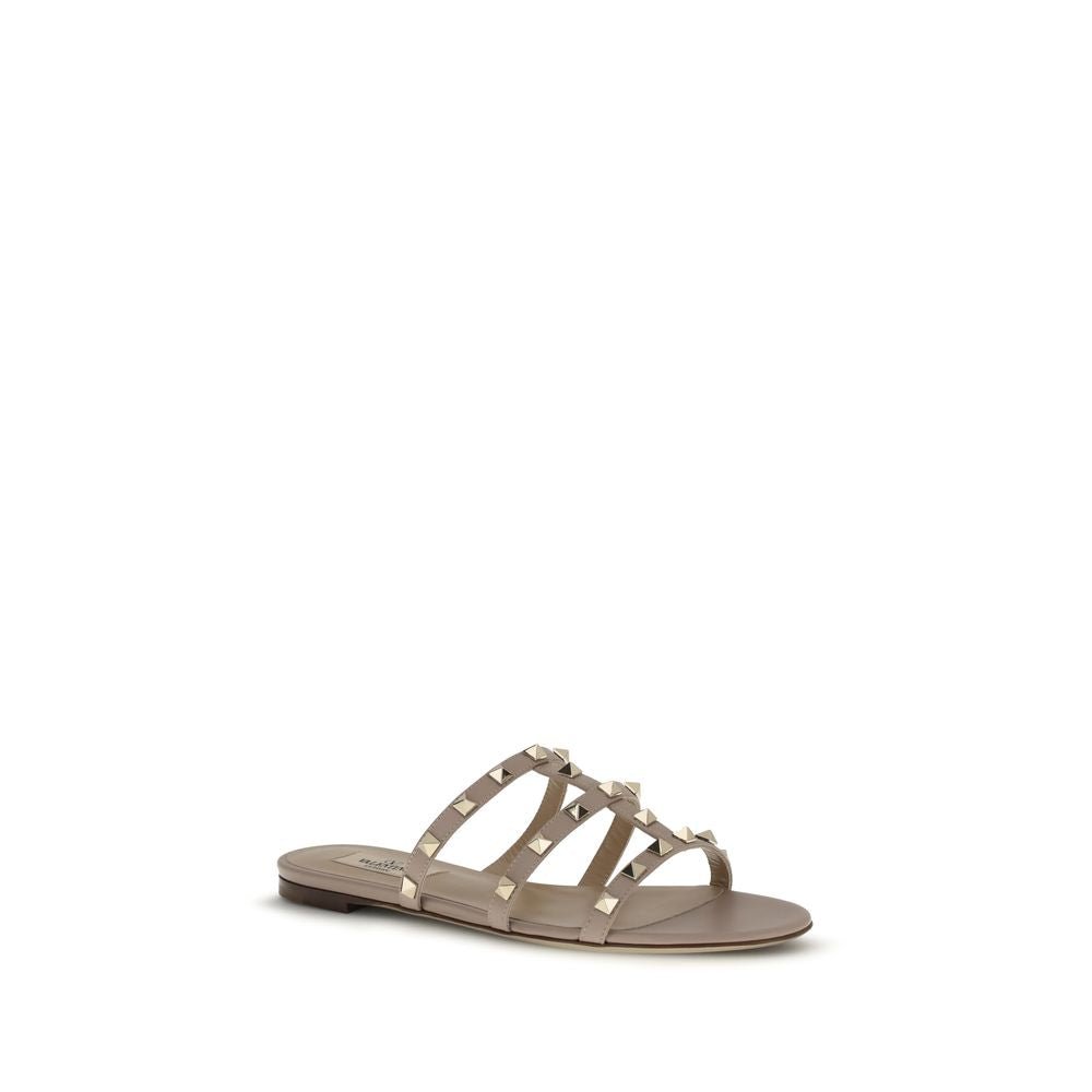 Beige Calf Leather Bos Taurus Flat Sandals - TIZZIL