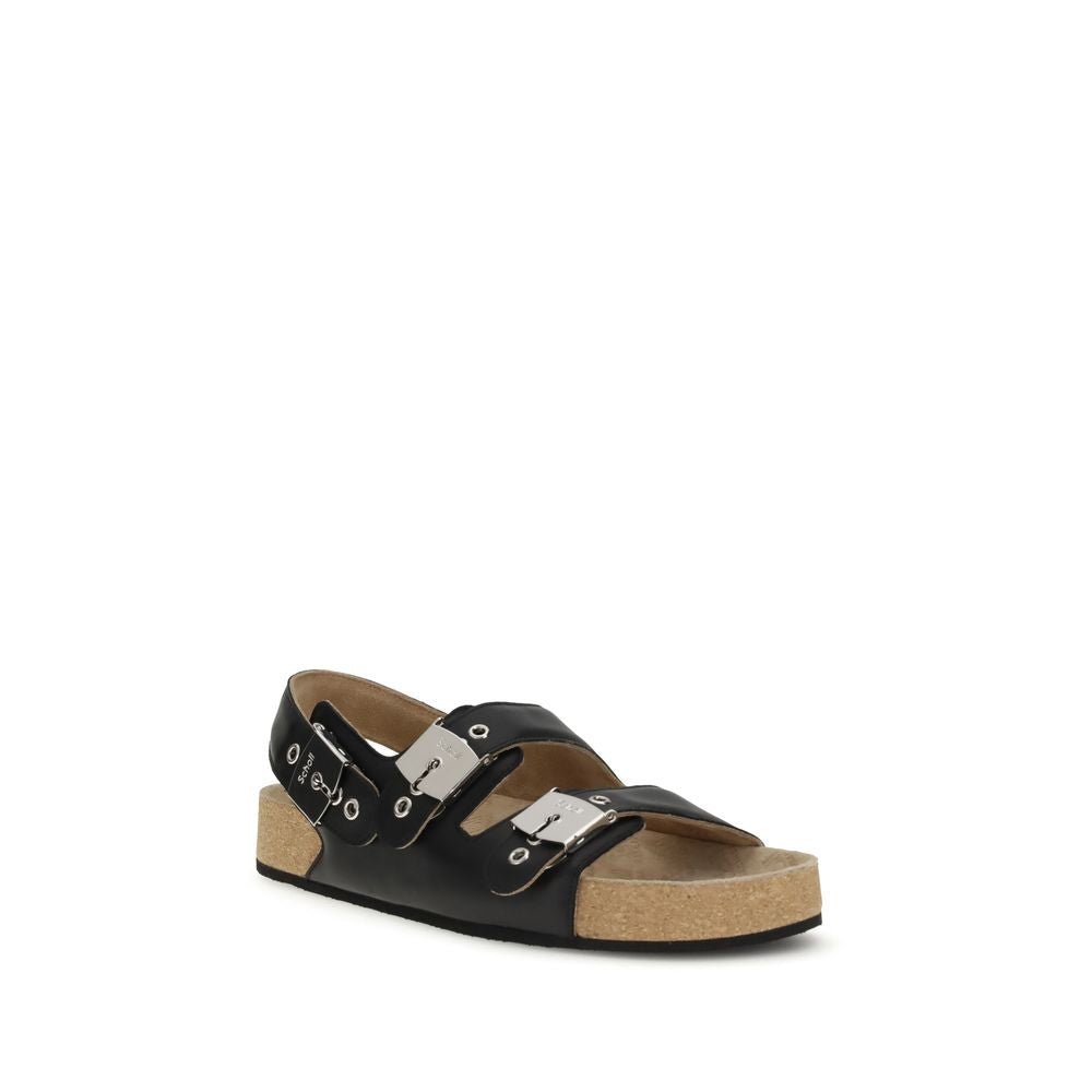 Black Calf Leather Bos Taurus Flat Sandals - TIZZIL
