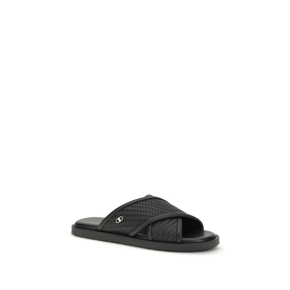 Black Calf Leather Bos Taurus Flat Sandals - TIZZIL