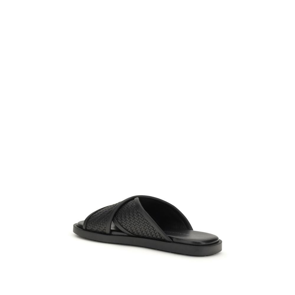 Black Calf Leather Bos Taurus Flat Sandals - TIZZIL