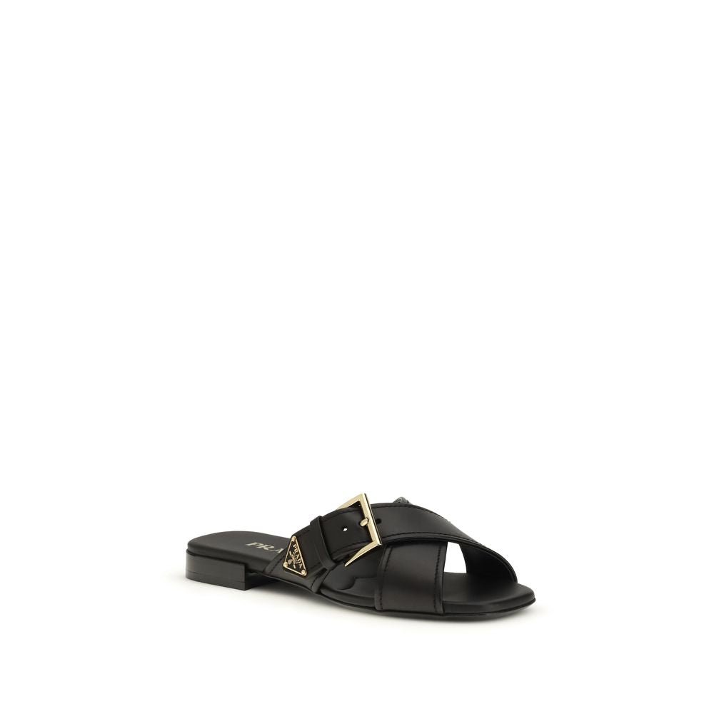 Black Calf Leather Bos Taurus Flat Sandals - TIZZIL