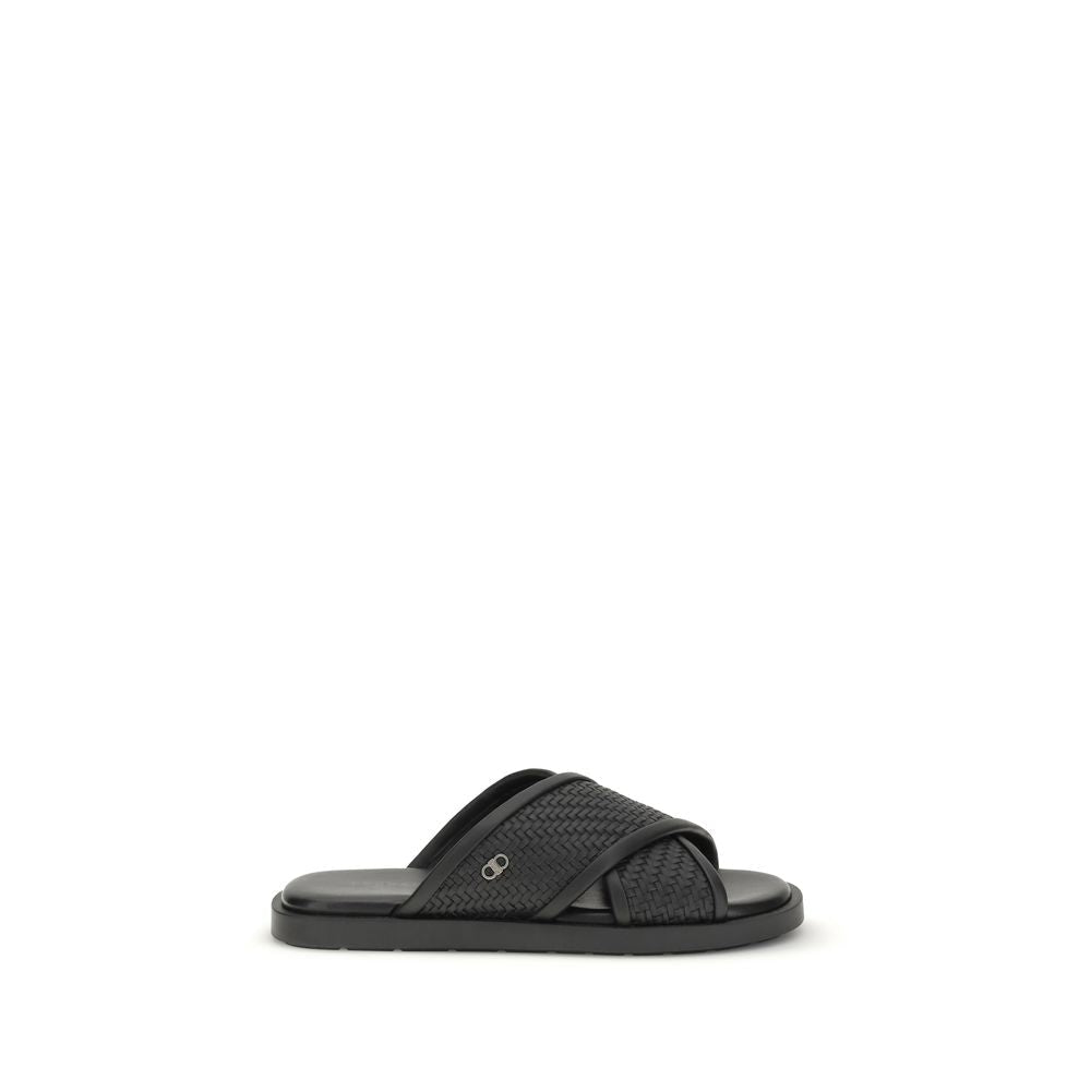 Black Calf Leather Bos Taurus Flat Sandals - TIZZIL