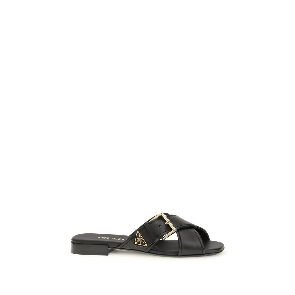Black Calf Leather Bos Taurus Flat Sandals - TIZZIL