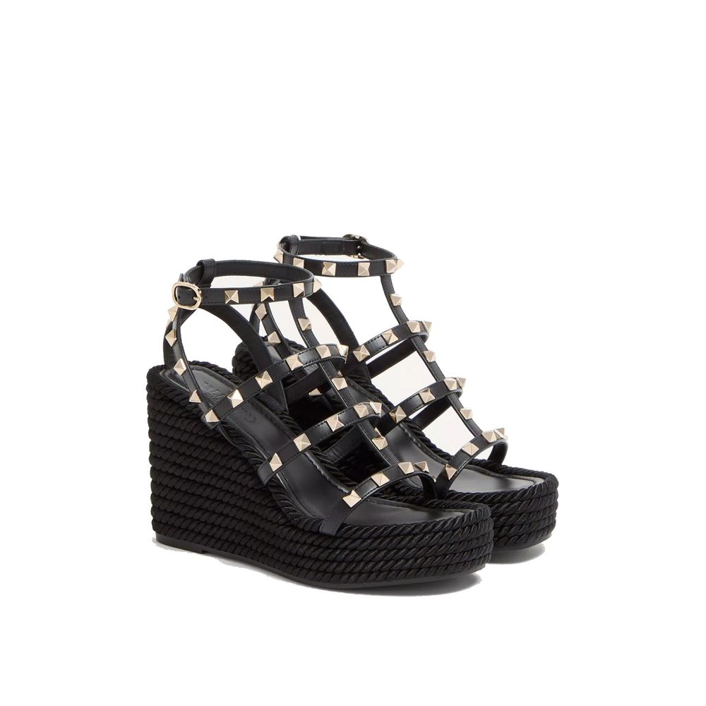 Black Calfskin Wedge Sandals - TIZZIL