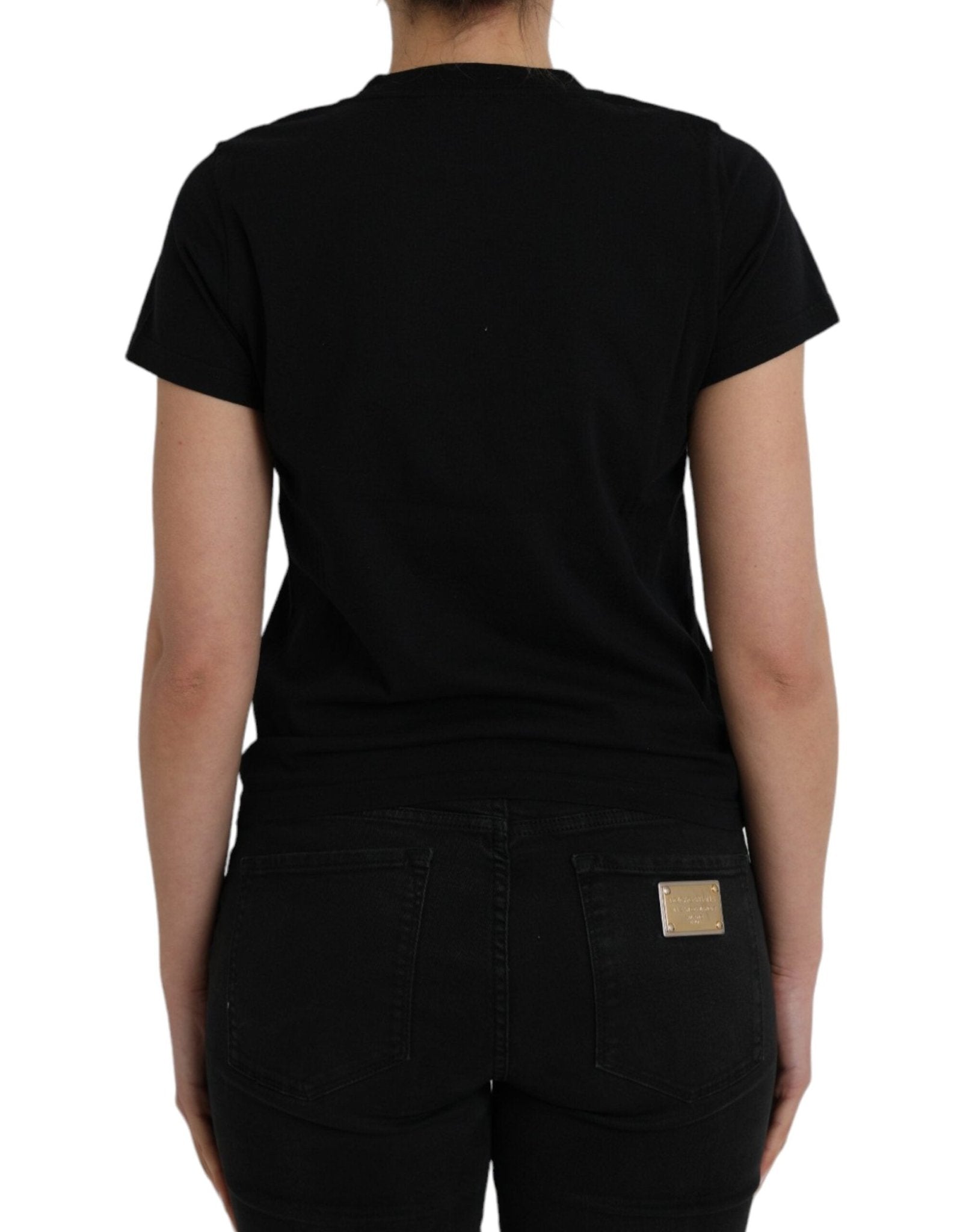 Black Cotton Logo Print Crew Neck Short Sleeves T-shirt - TIZZIL