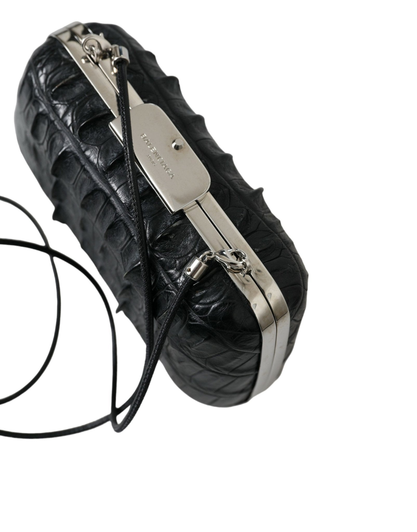 Black Exotic Skin Leather Shoulder Crossbody Box Clutch Bag - TIZZIL