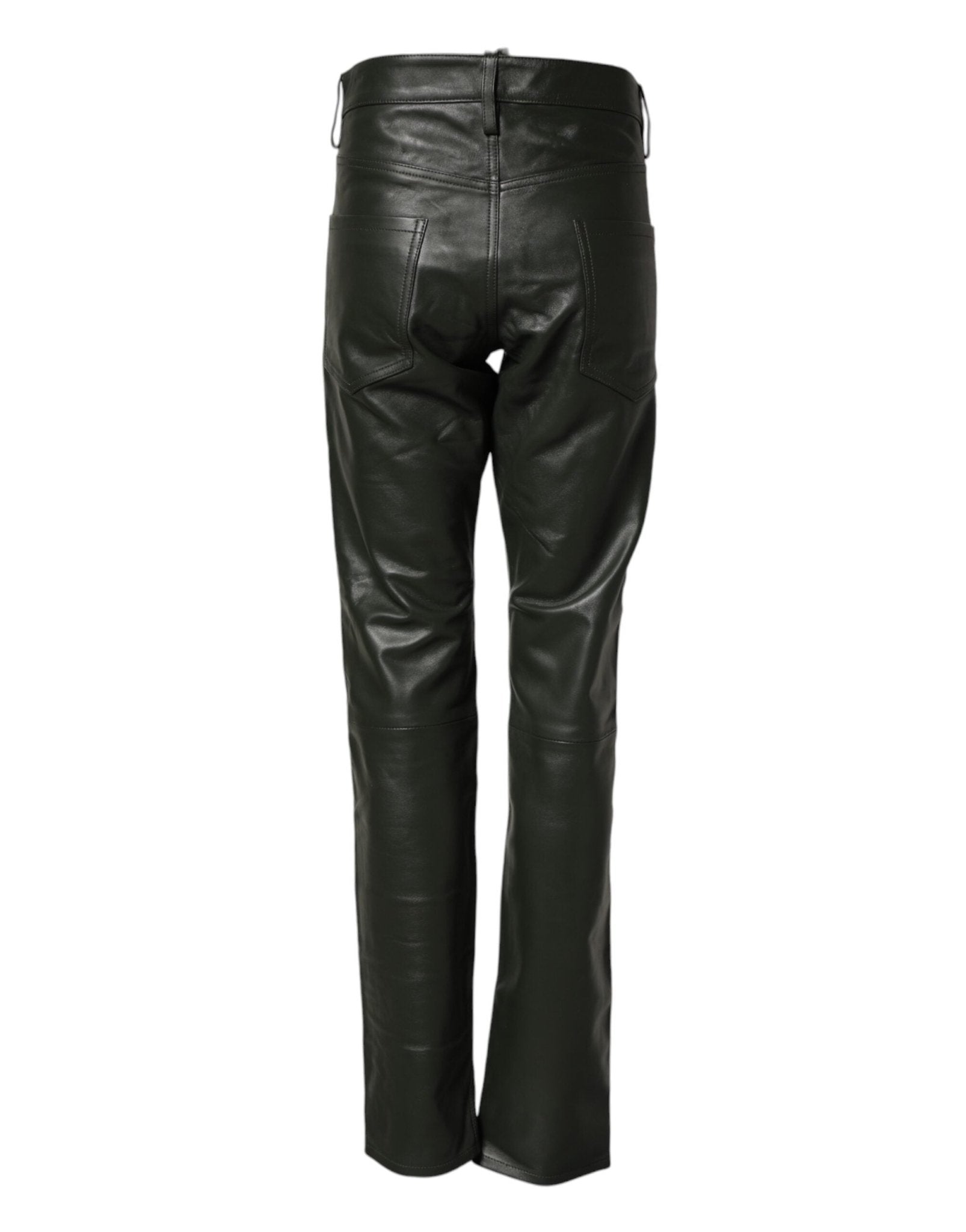 Black Full Grain Leather Mid Waist Trouser Pants - TIZZIL