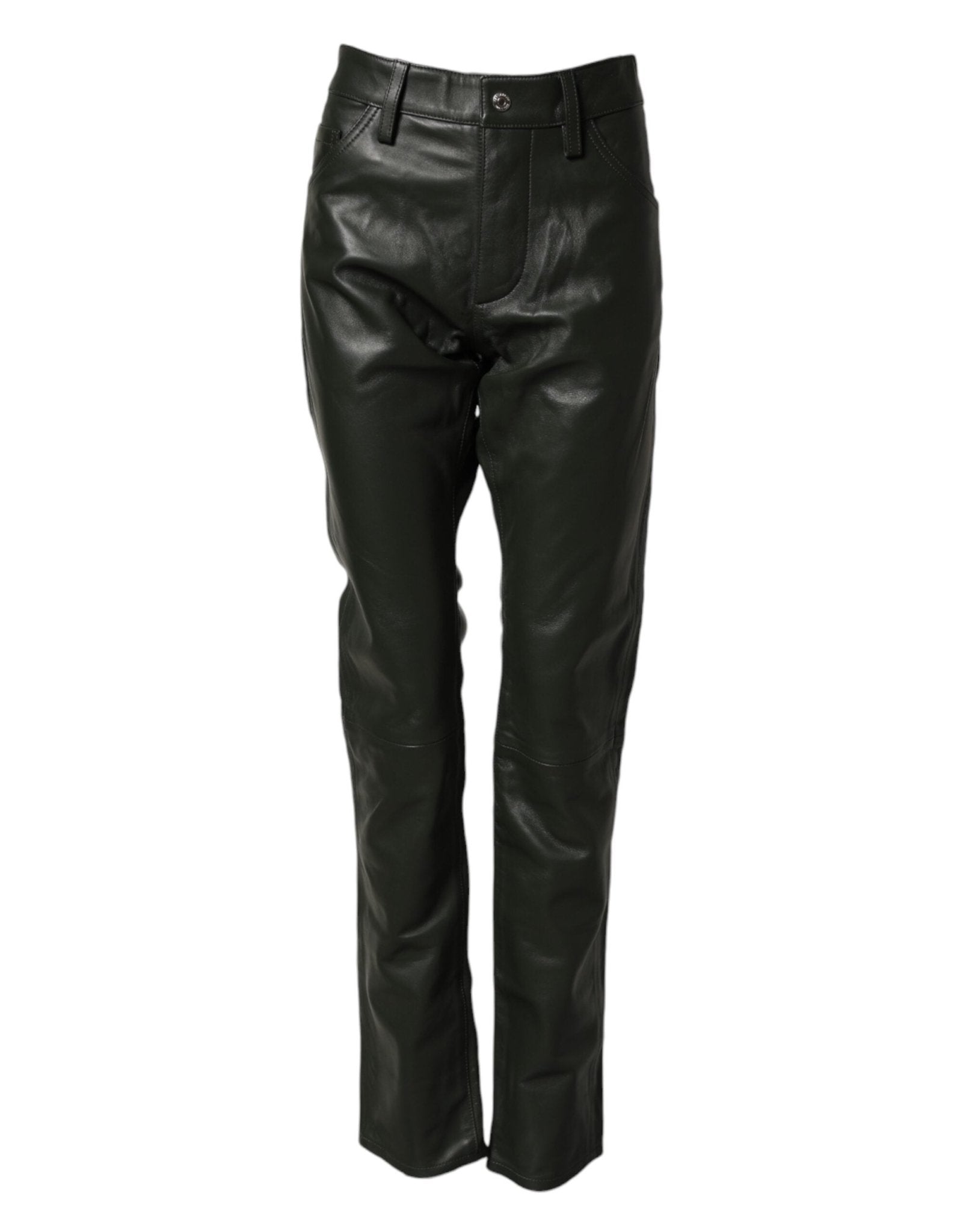 Black Full Grain Leather Mid Waist Trouser Pants - TIZZIL
