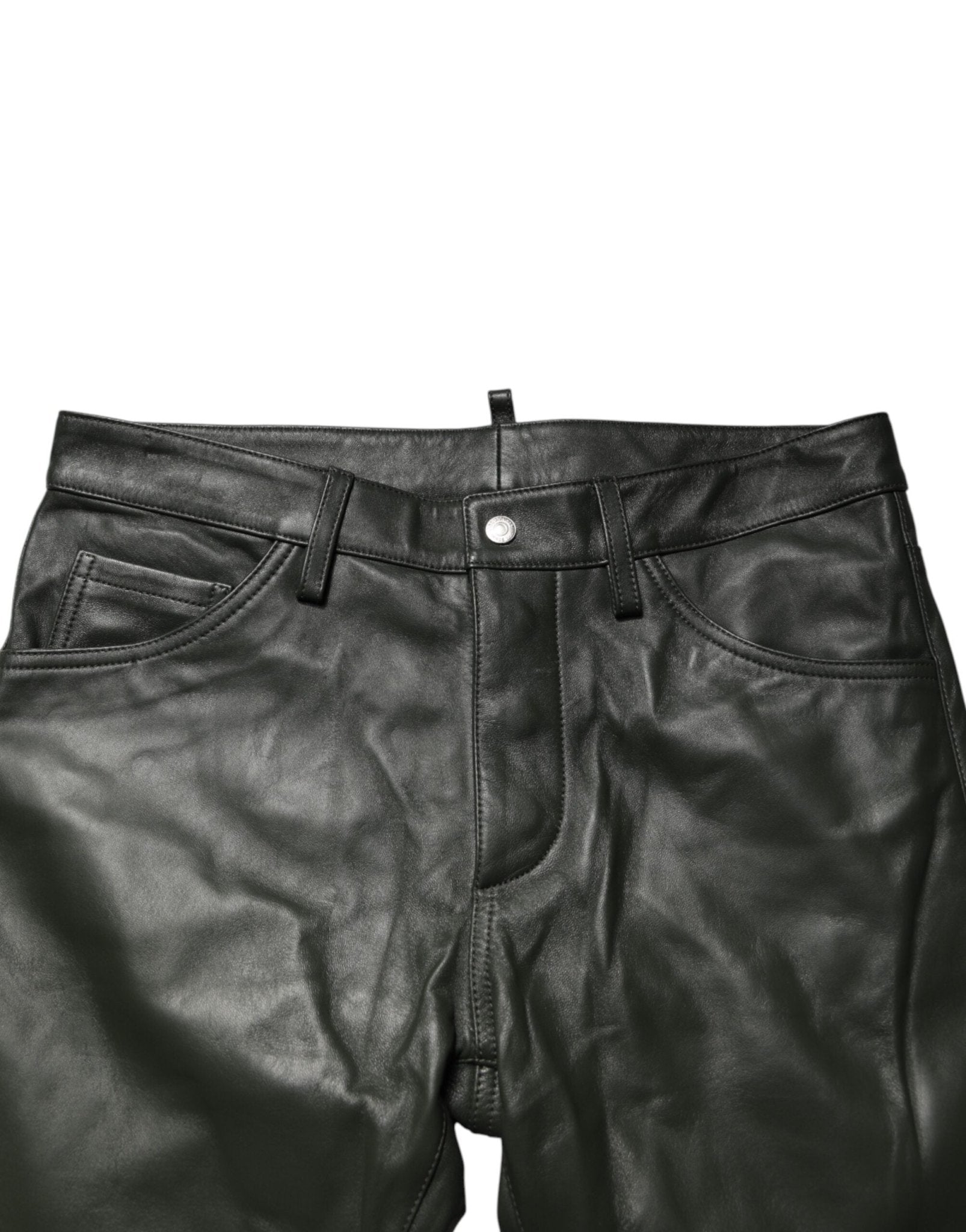 Black Full Grain Leather Mid Waist Trouser Pants - TIZZIL