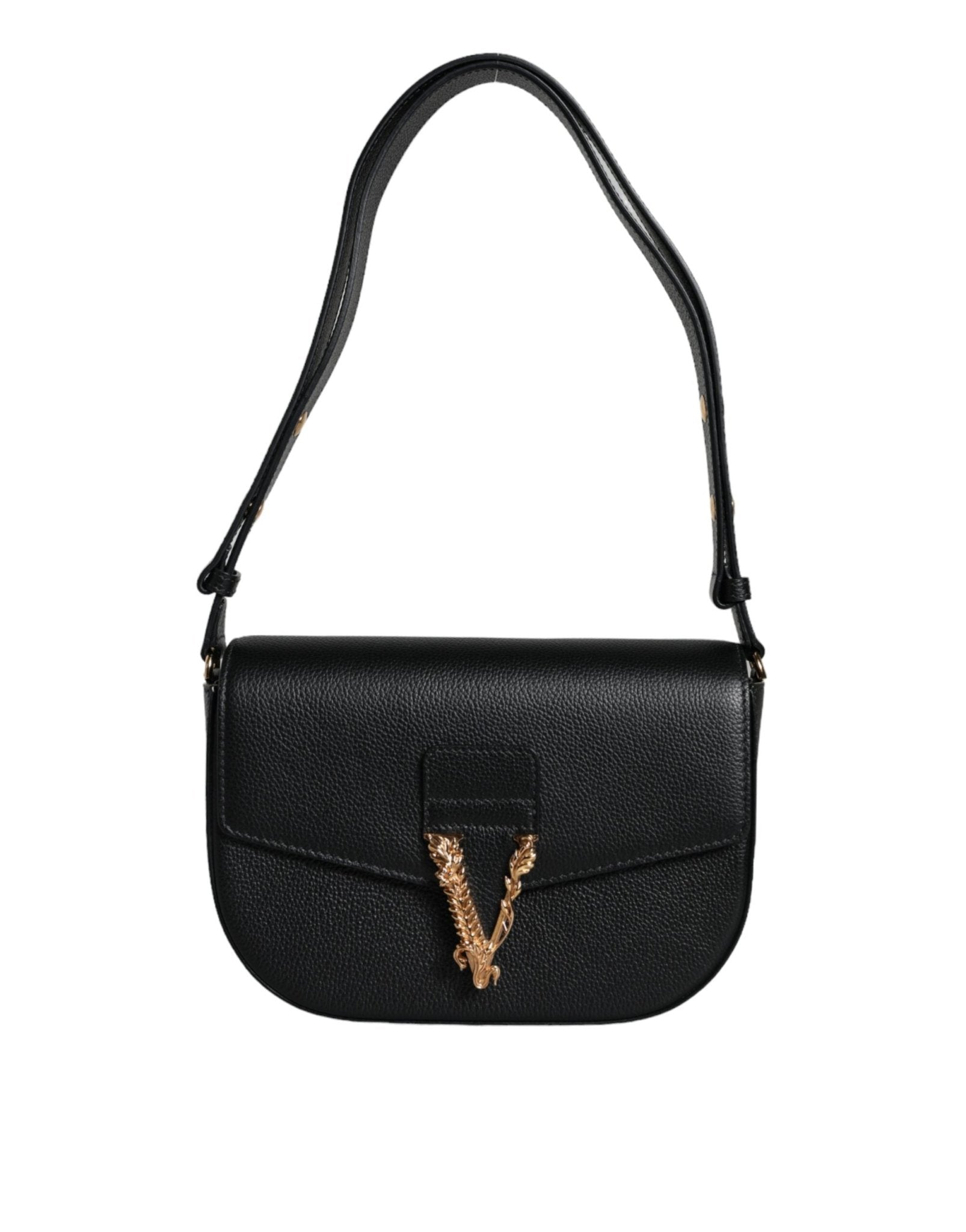 Black Grainy Calf Leather Logo Crossbody Shoulder Bag - TIZZIL