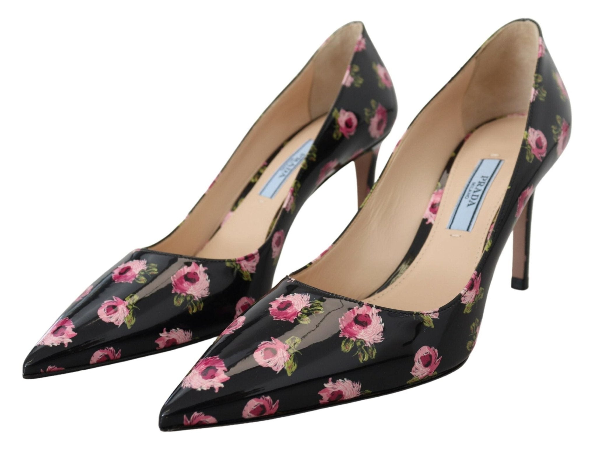 Black Leather Floral Heels Stilettos Pumps - TIZZIL