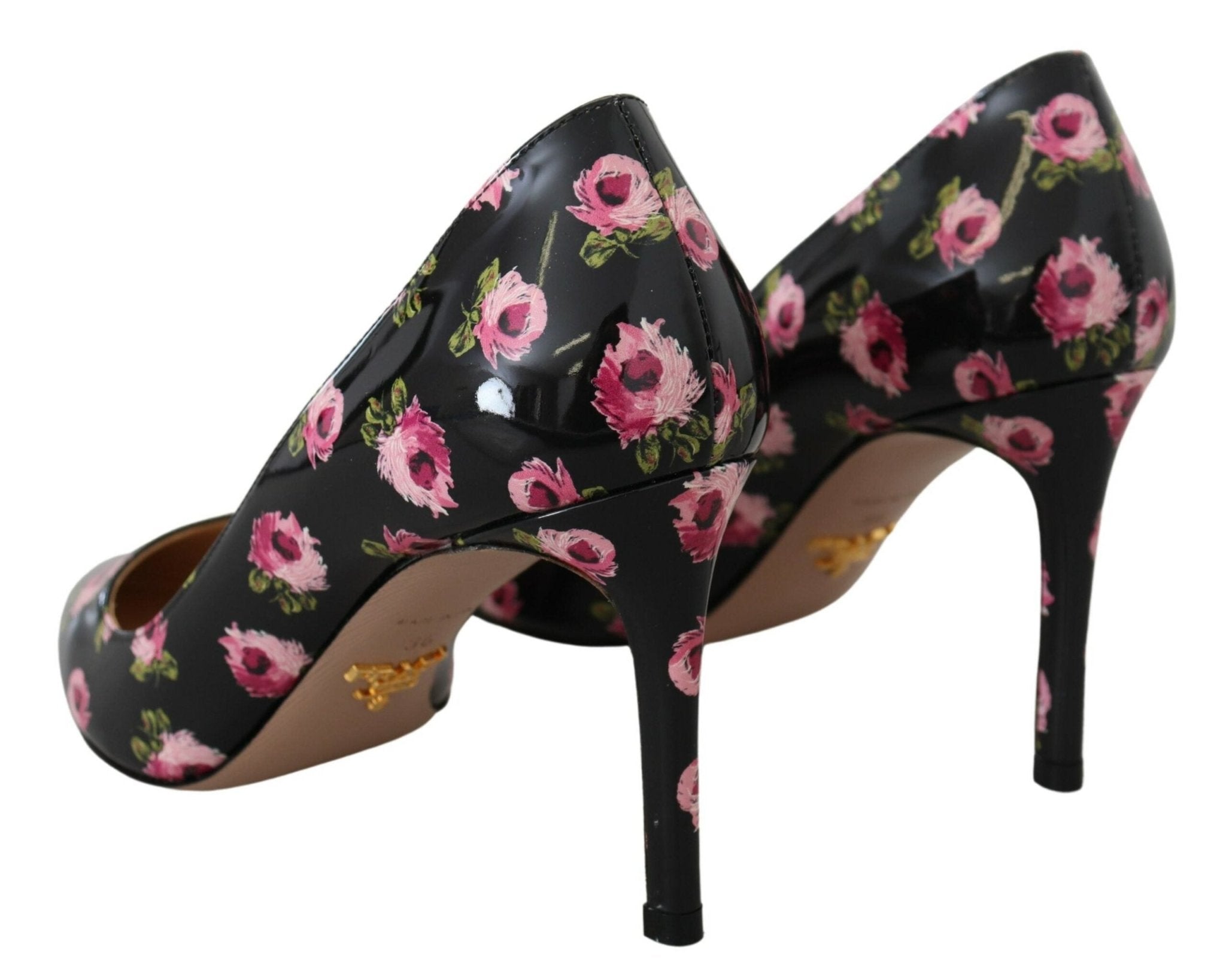 Black Leather Floral Heels Stilettos Pumps - TIZZIL