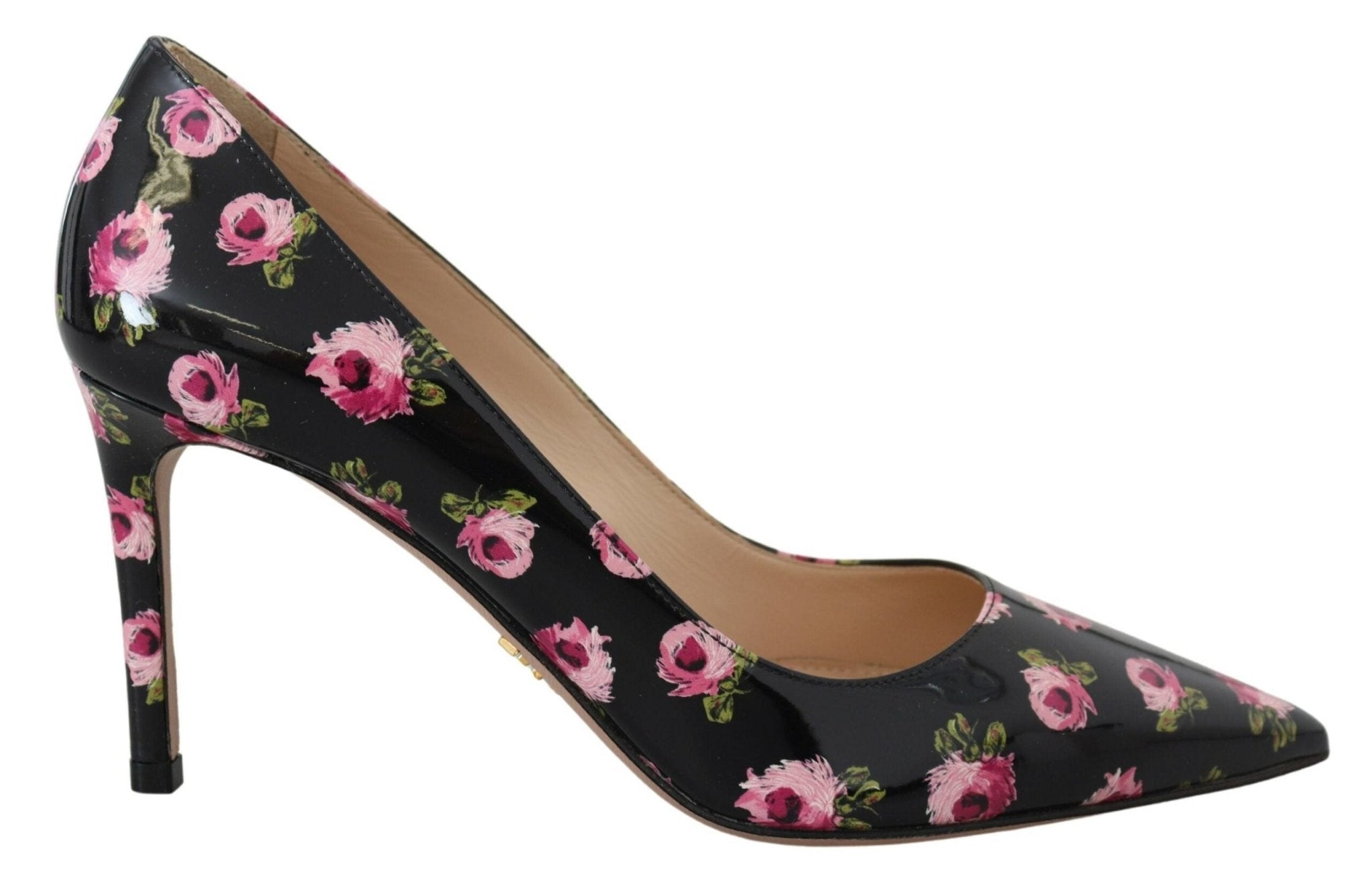 Black Leather Floral Heels Stilettos Pumps - TIZZIL
