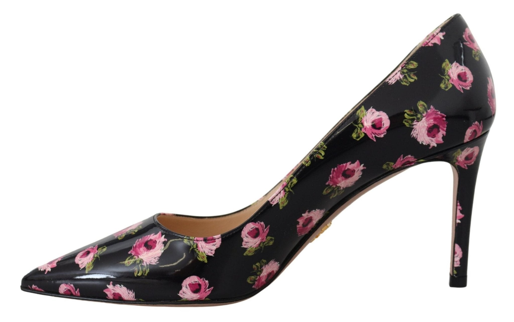 Black Leather Floral Heels Stilettos Pumps - TIZZIL