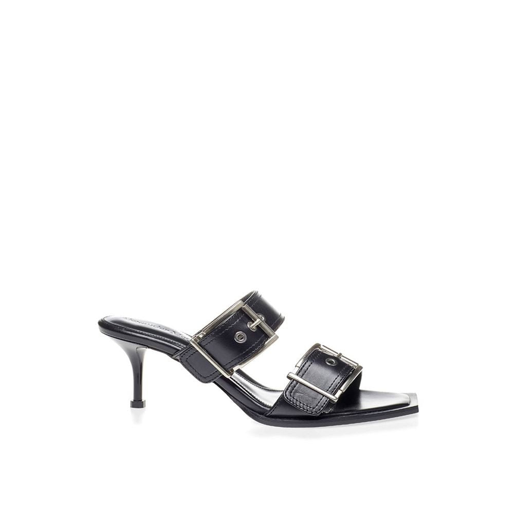 Black Leather Stiletto Heel Sandals - TIZZIL