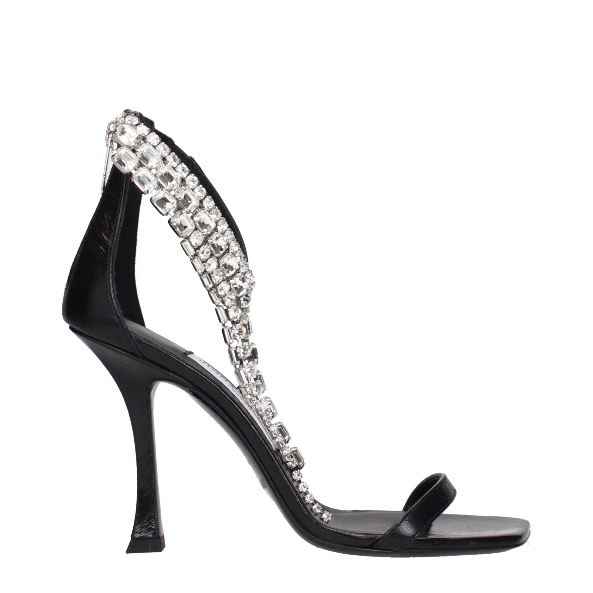 Black Leather Stiletto Heel Sandals - TIZZIL