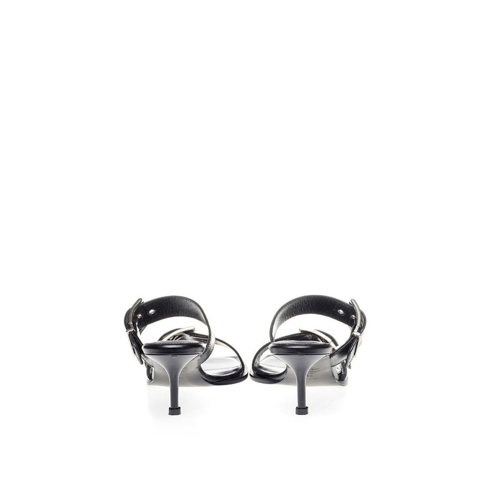 Black Leather Stiletto Heel Sandals - TIZZIL
