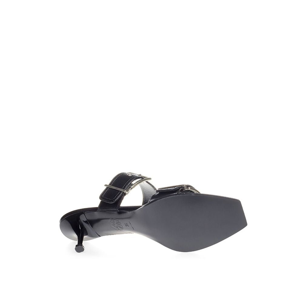 Black Leather Stiletto Heel Sandals - TIZZIL