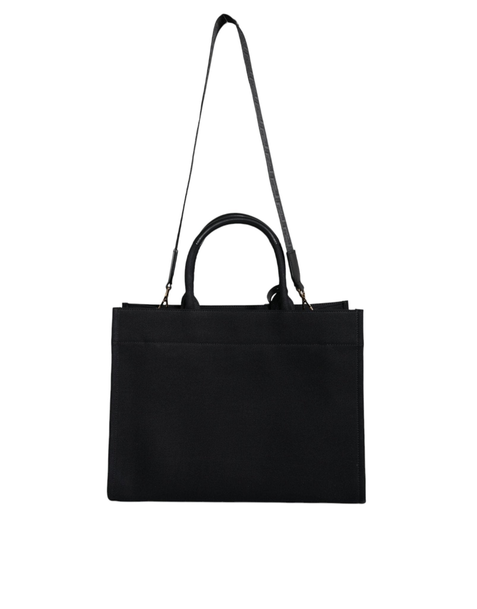 Black Top Handle Canvas Leather Logo Crossbody Tote Bag - TIZZIL