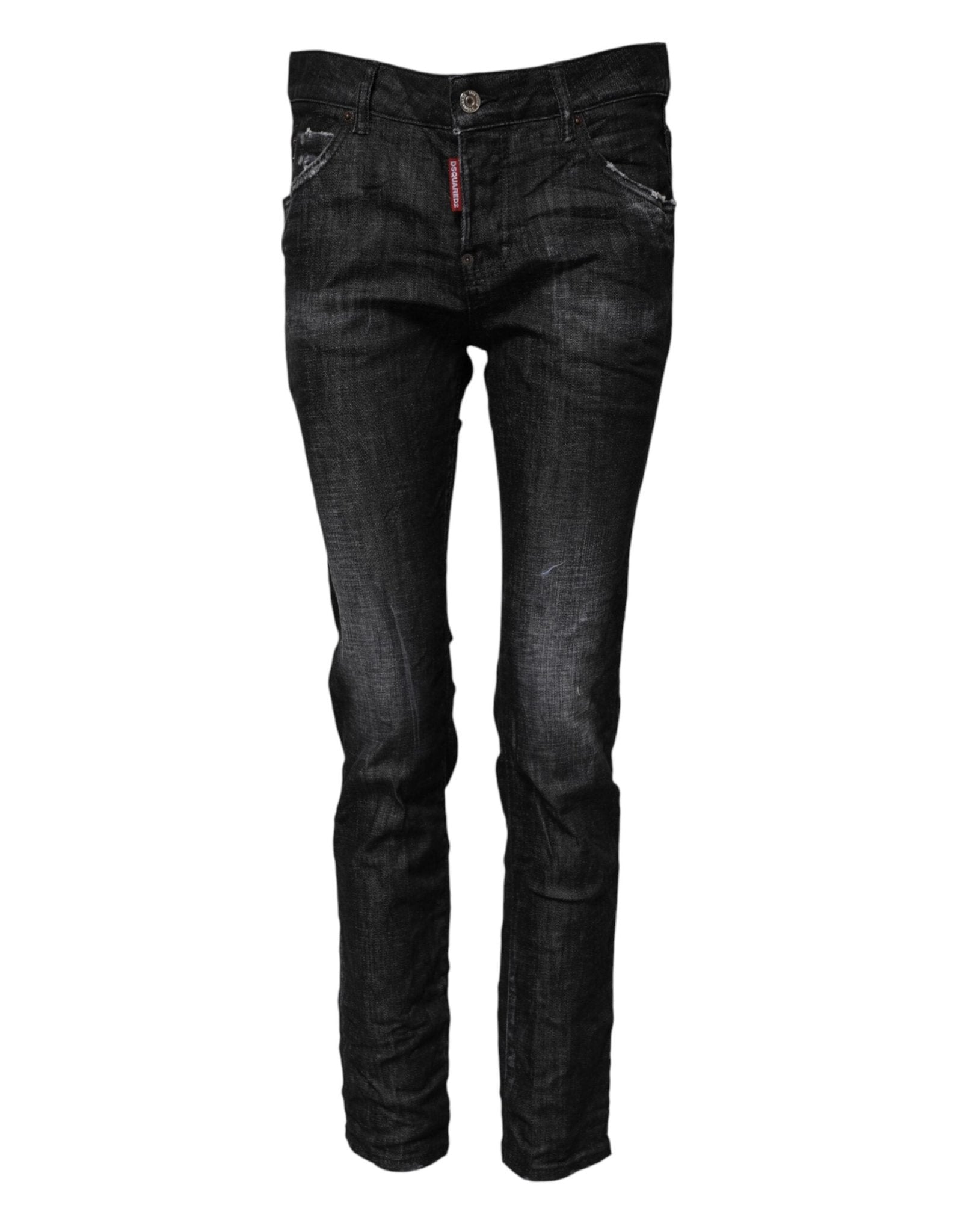 Black Washed Cotton Mid Waist Skinny Jeans - TIZZIL