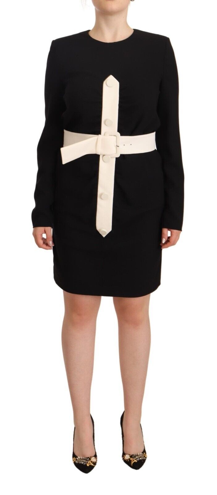 Black Wool Long Sleeves Belted Mini Sheath Dress - TIZZIL