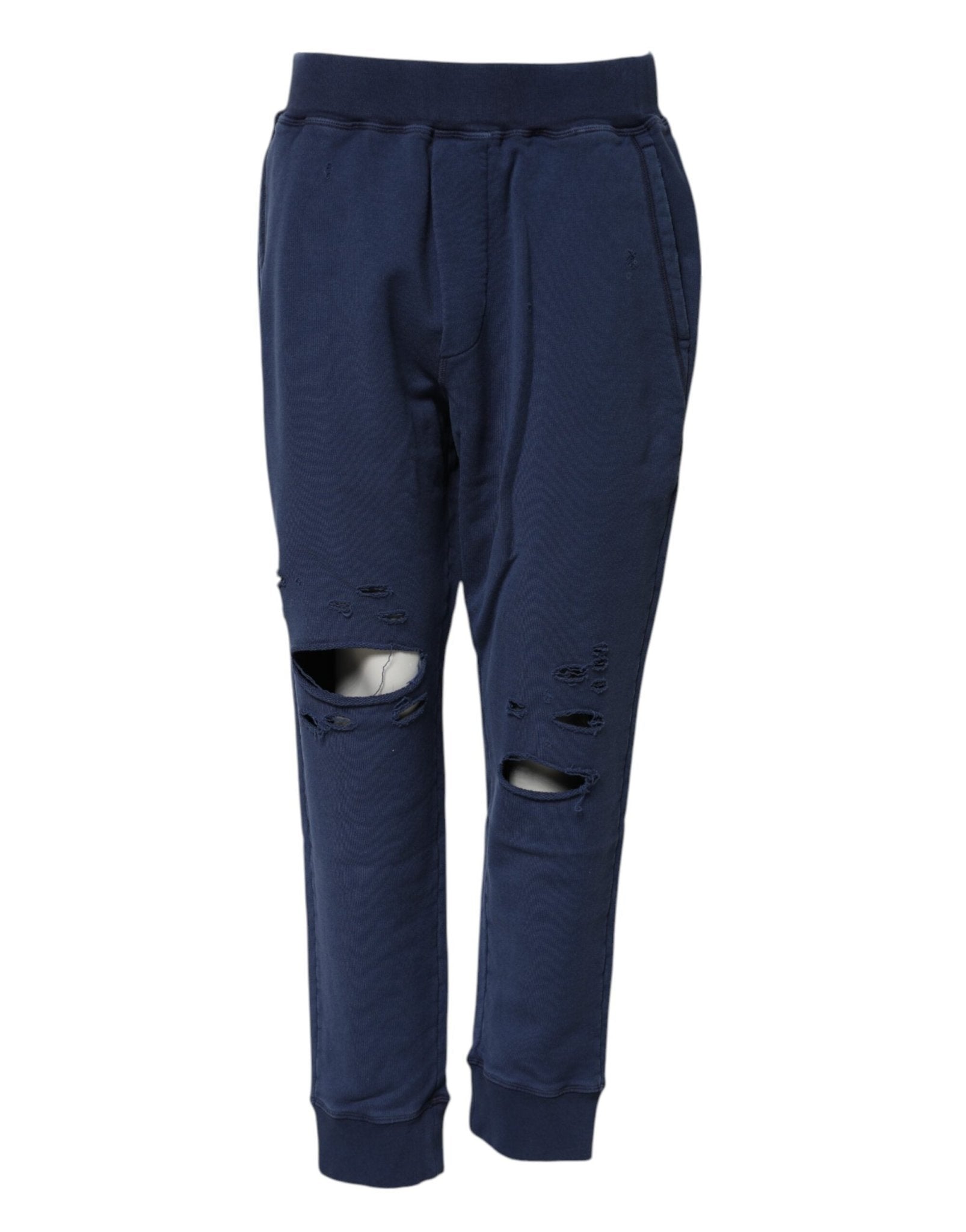 Blue Cotton Mid Waisted Jogger Pants - TIZZIL