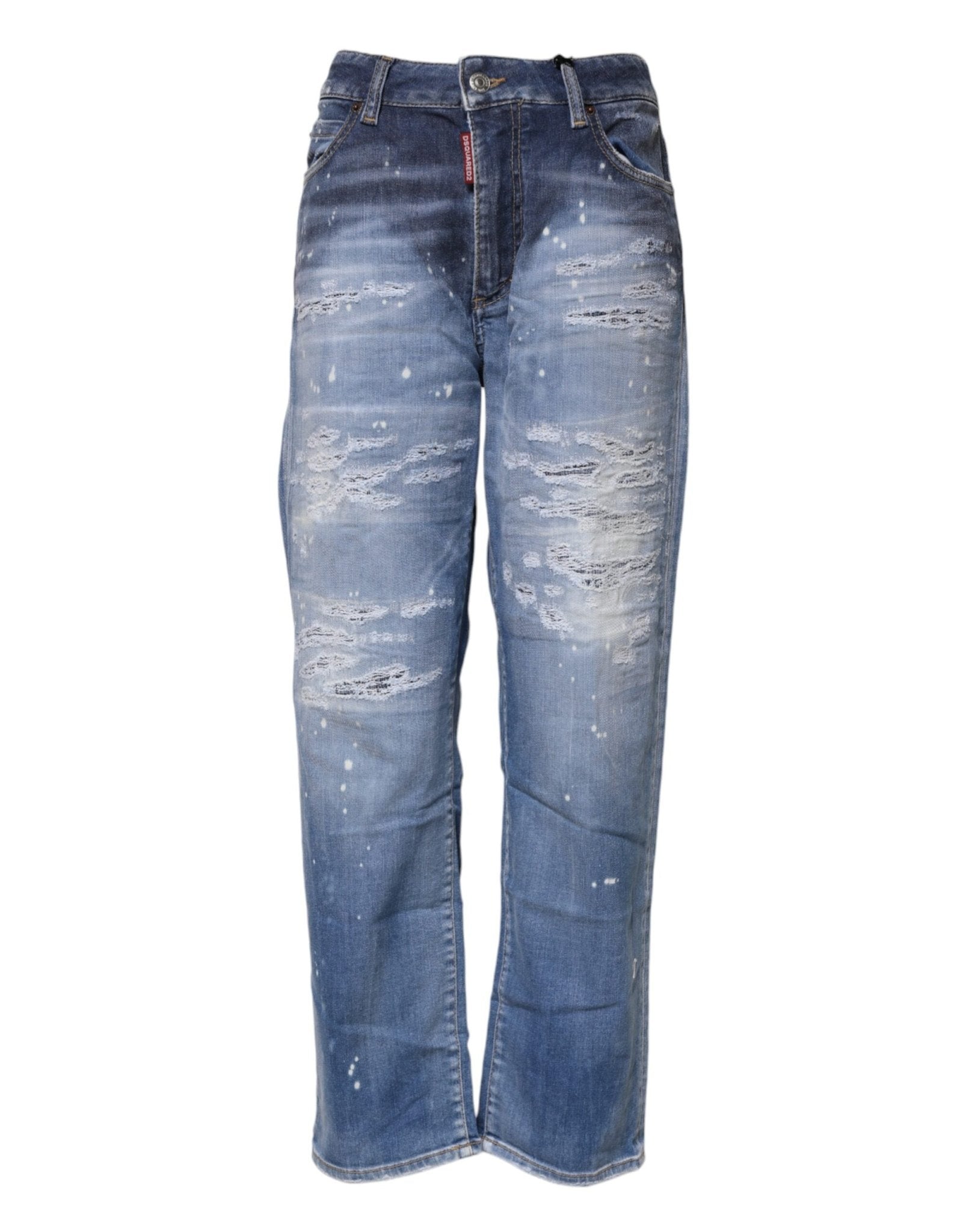 Blue Tattered Cotton Mid Waist Straight Denim Jeans - TIZZIL