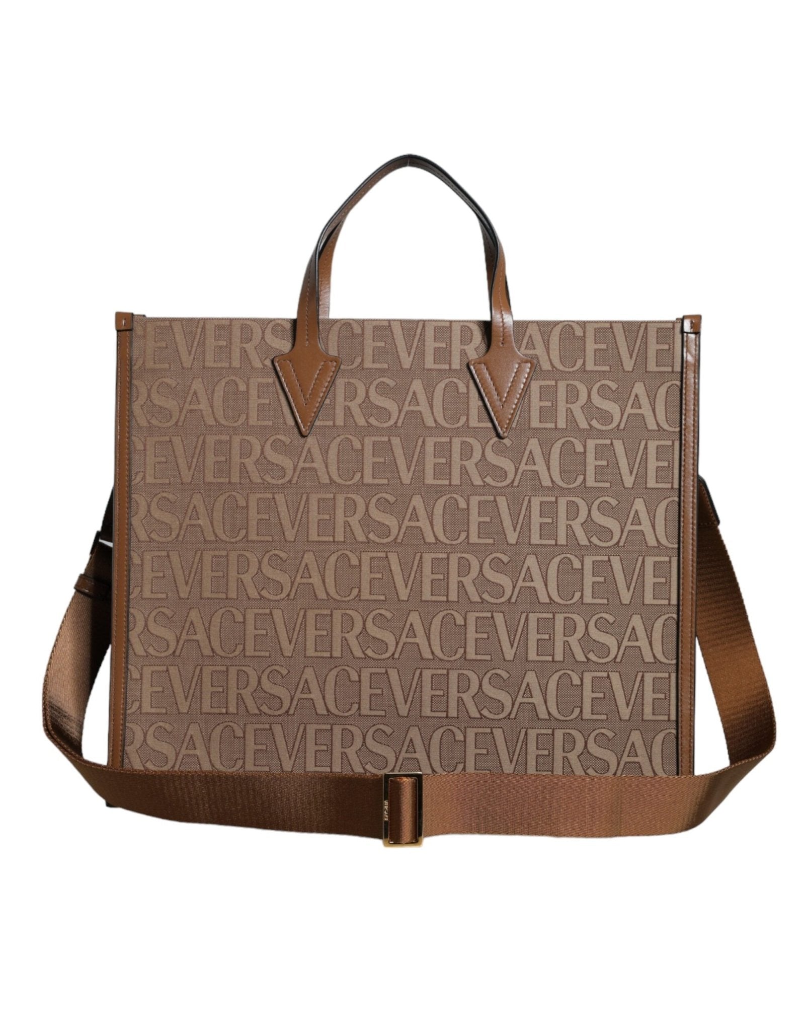 Brown Top Handle Jacquard Leather Logo Crossbody Tote Bag - TIZZIL