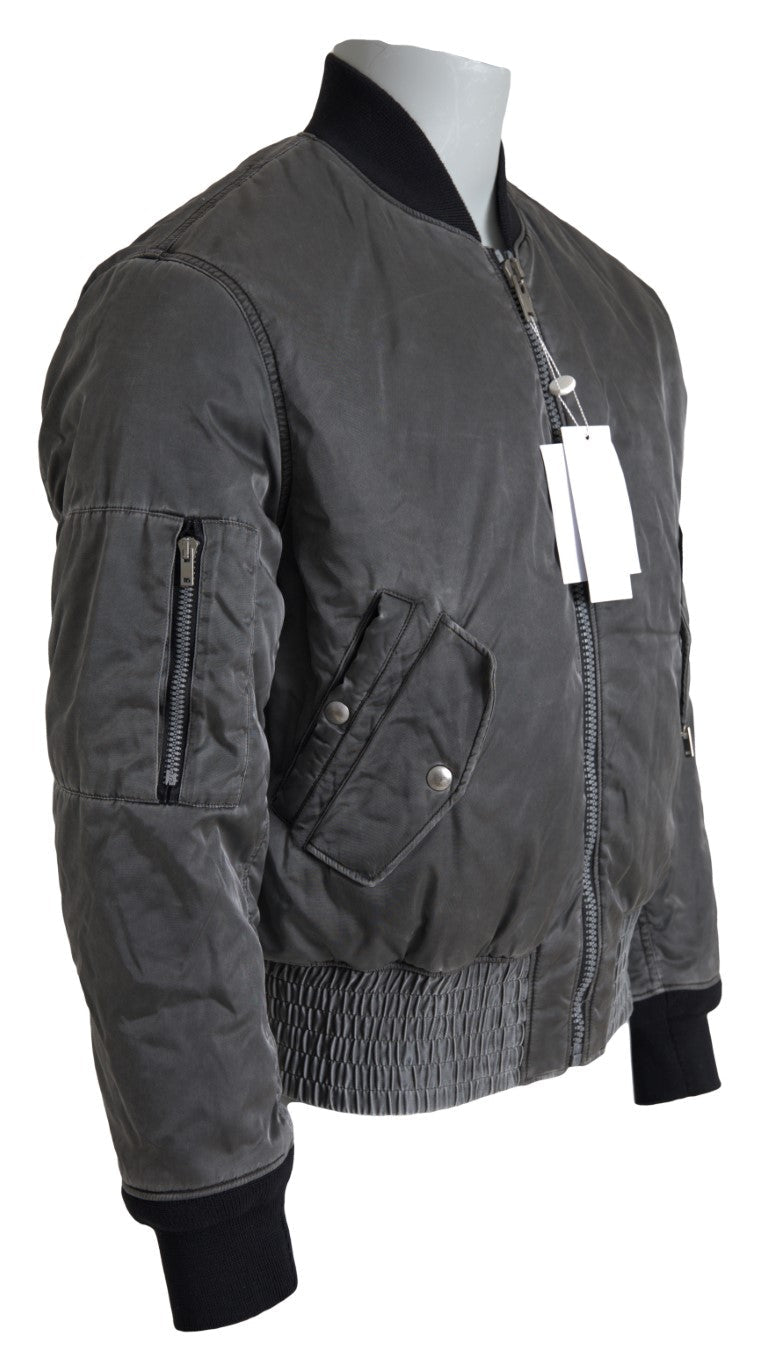 Gray Bomber Zipper Pocket Sleeves Jacket - TIZZIL
