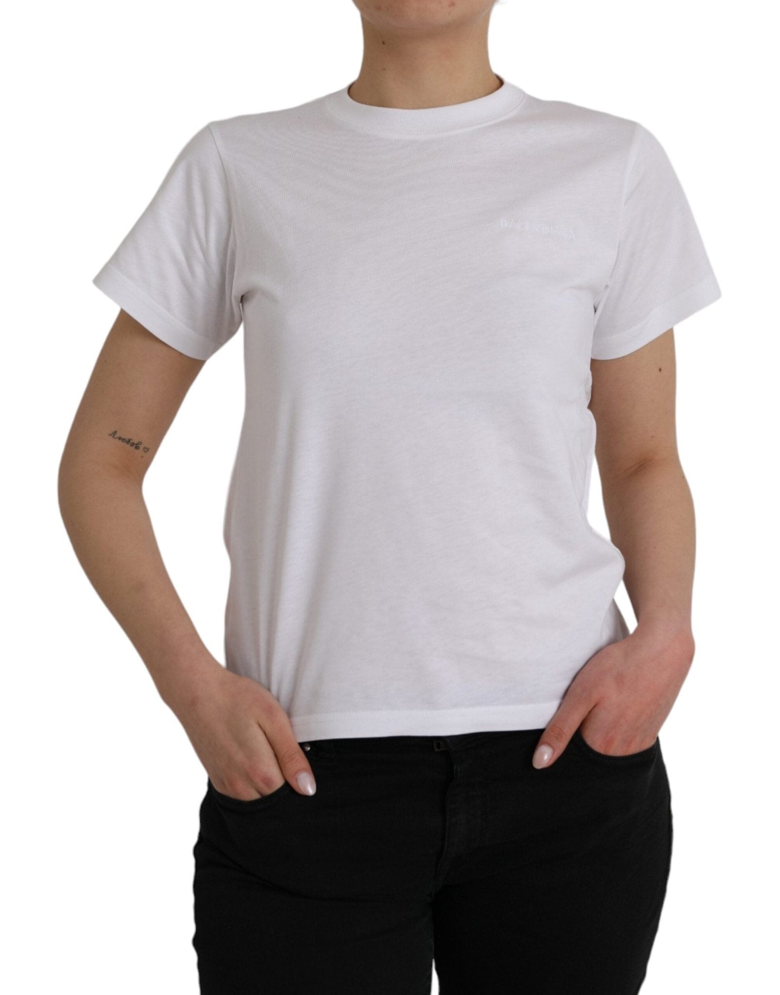 White Cotton Crew Neck Short Sleeves T-shirt - TIZZIL